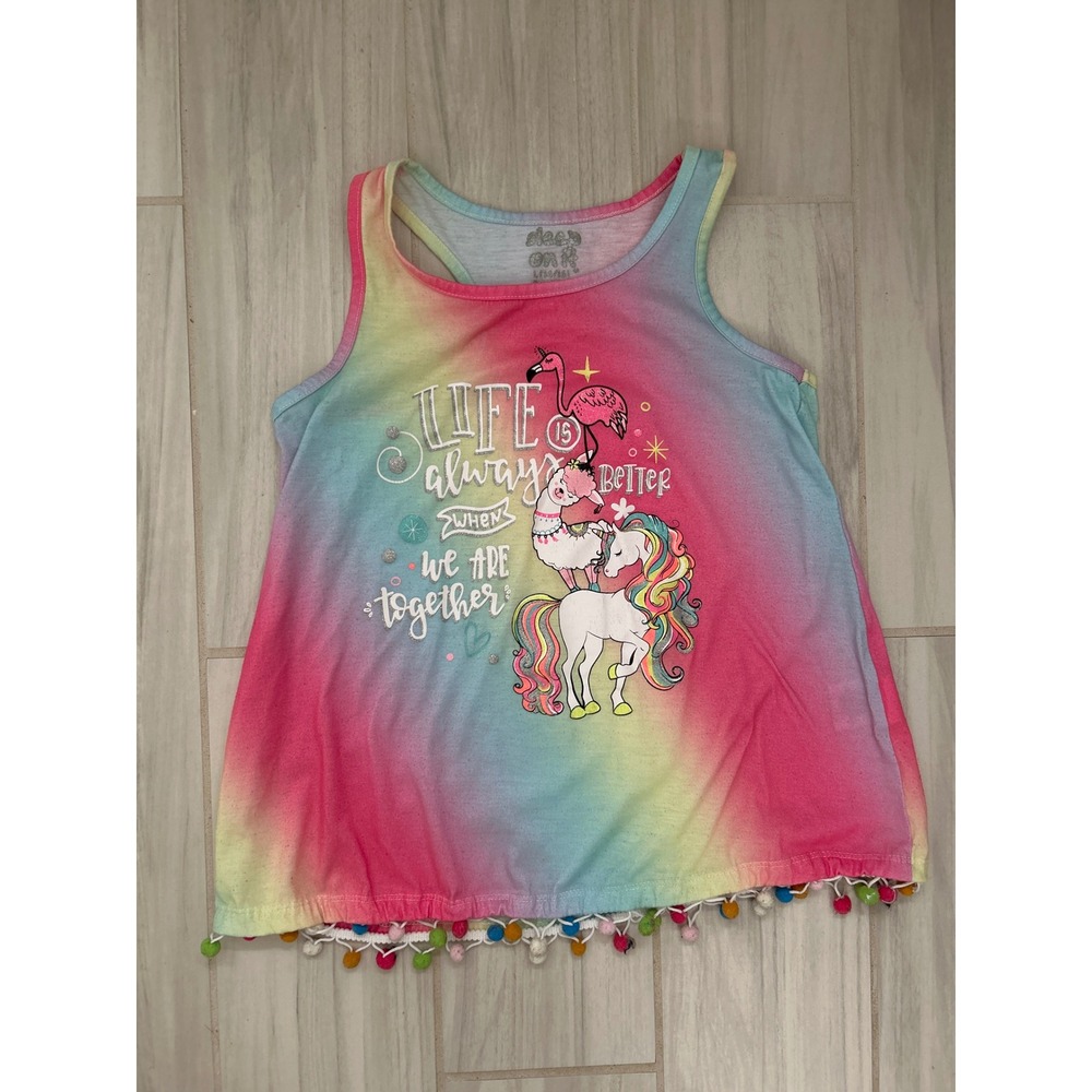 Sleep On It Girls Rainbow Tie Dye Tank Top Pom Pom Trim Unicorn Llama L 14/16